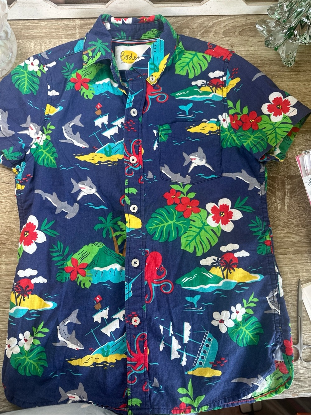 Boys, Boden Tropical Shark Button Up Shirt, Size 9/10 Years